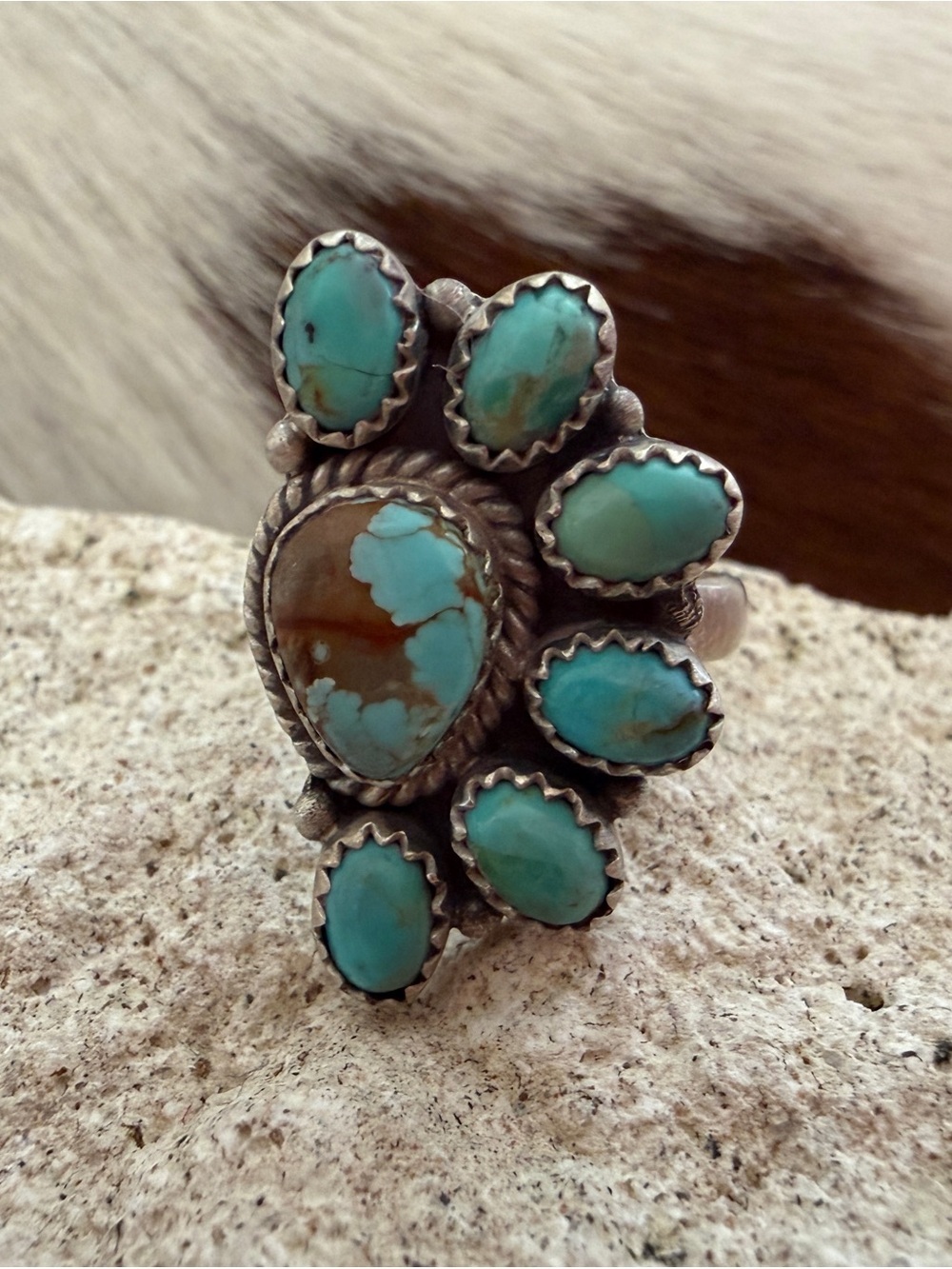 ❤️ Number 8 Mine & Mojave Turquoise Half Cluster Adj Sterling 925 Statement Ring